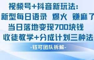 视频号加抖音新玩法:爆火新型每日语录,收徒教学加分成计划,三种变现玩法,当日变现7张
